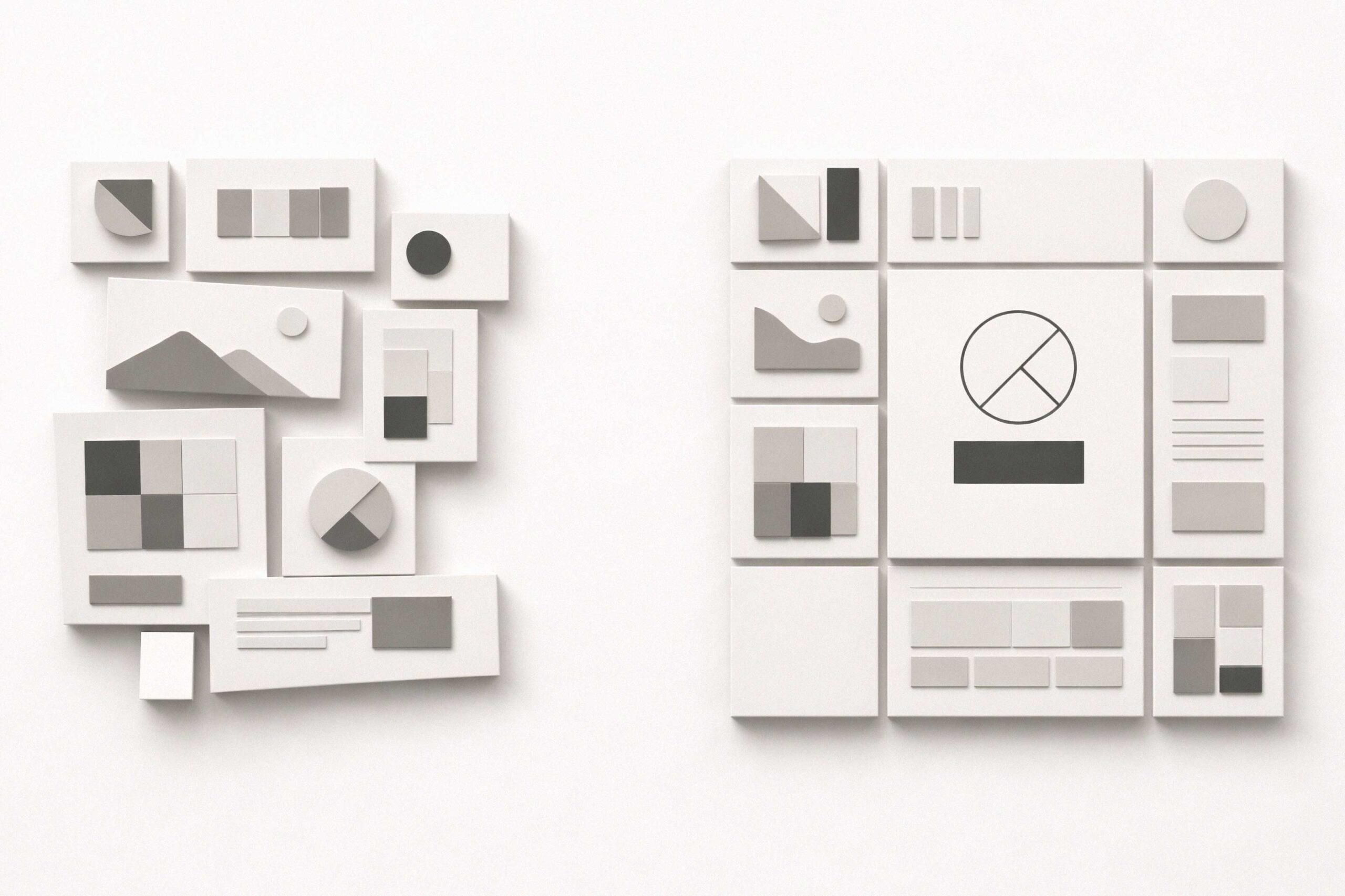 Abstract comparison showing fragmented creative elements contrasted with a structured brand system
